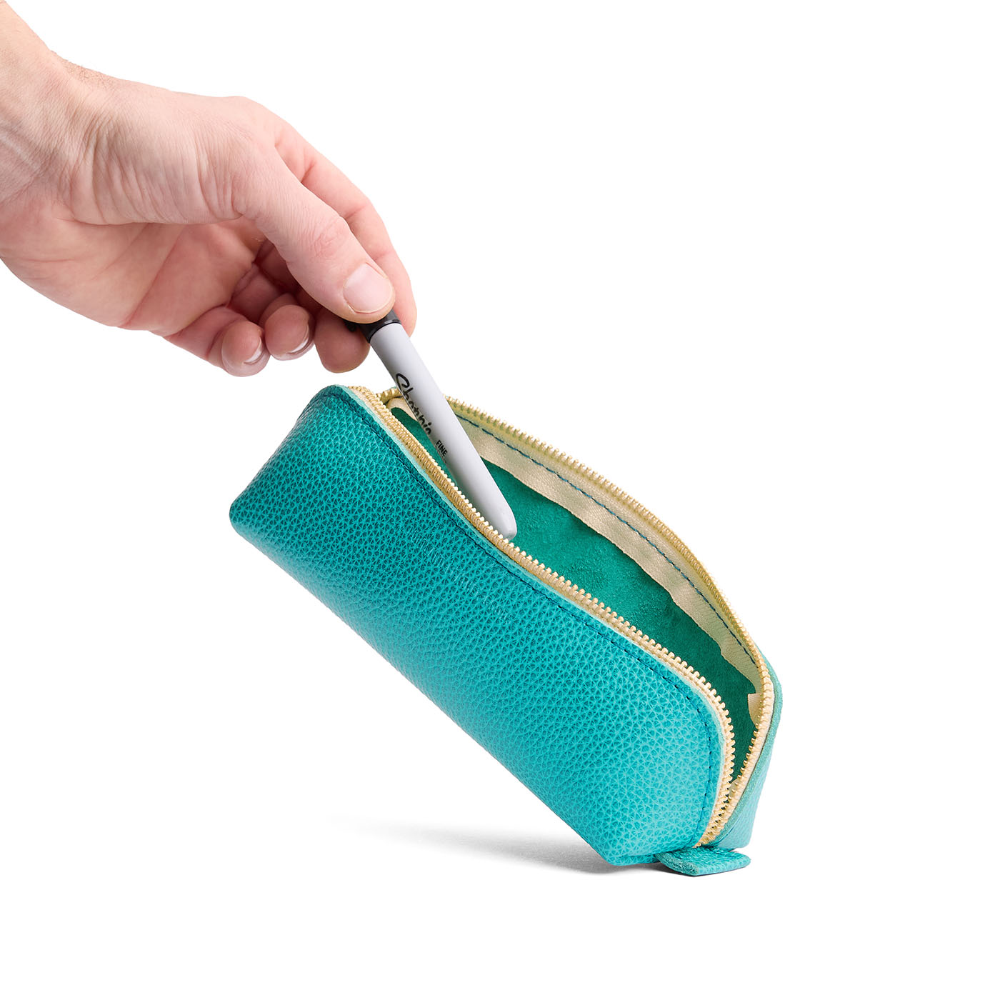 Seafoam | Leather pouch with curved seams and top zipper