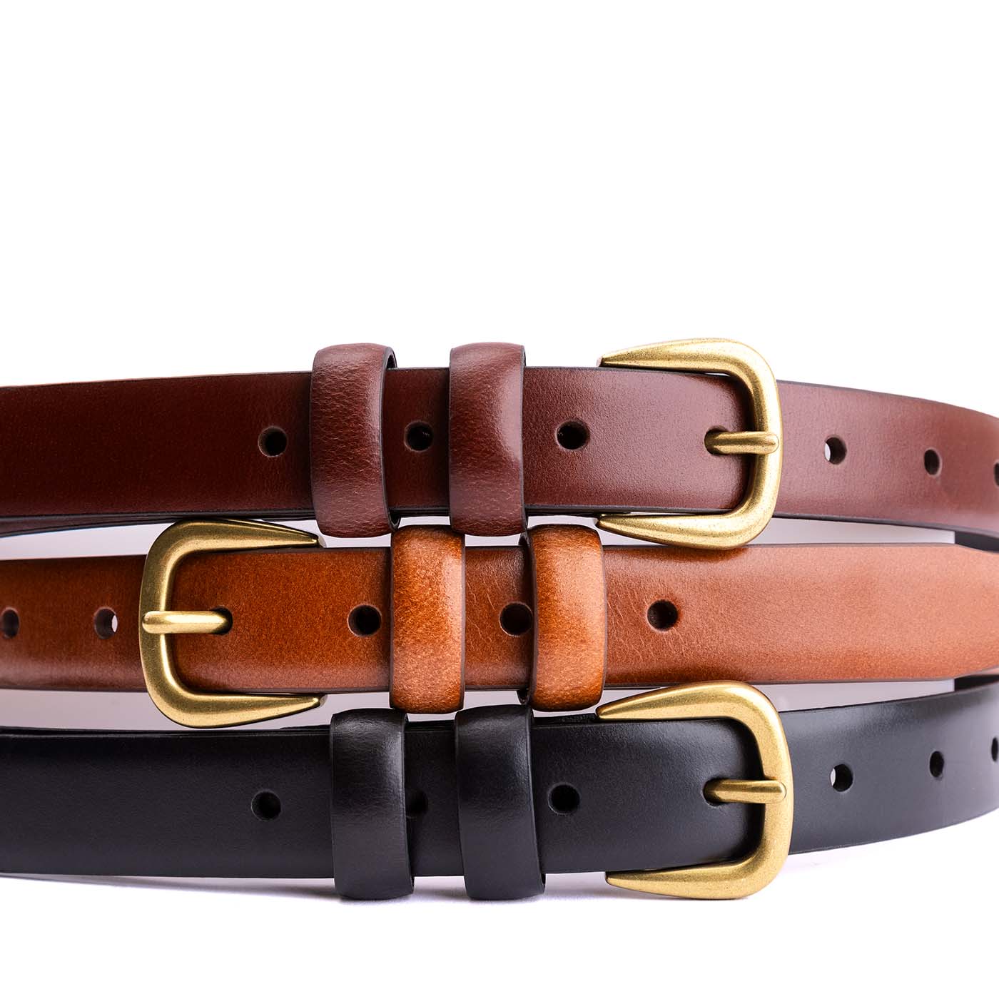 All Variants | Three slim double loop leather belts stacked on top of each other