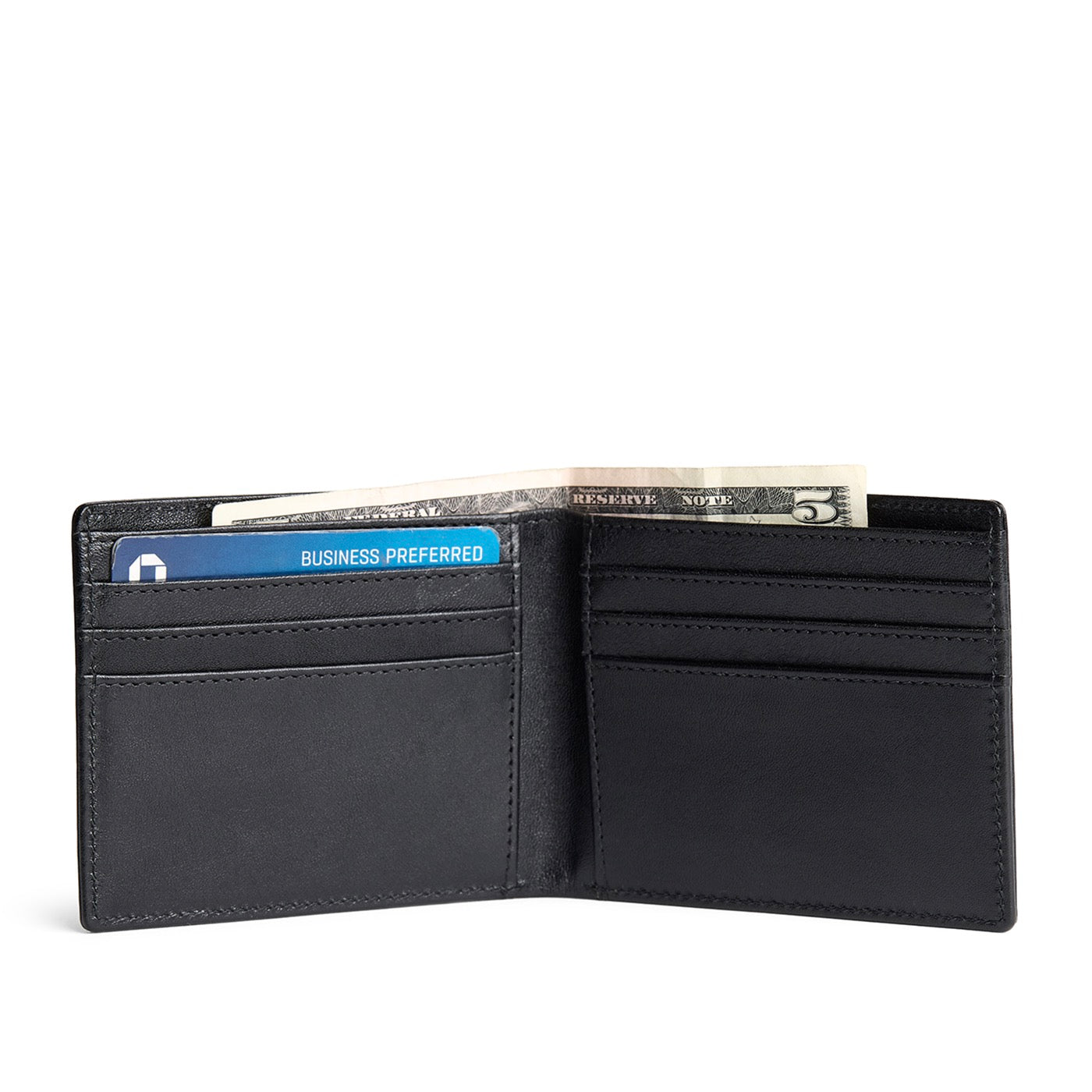 Black Rock*Deluxe | Bifold leather wallet with visible stitching on a white background