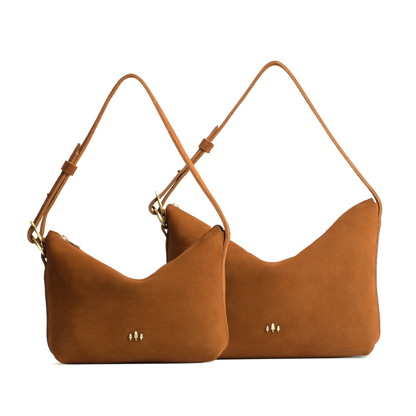 Jackson | Size comparison shot of small and large slouchy leather shoulder bags with zipper opening and three metal tree emblems