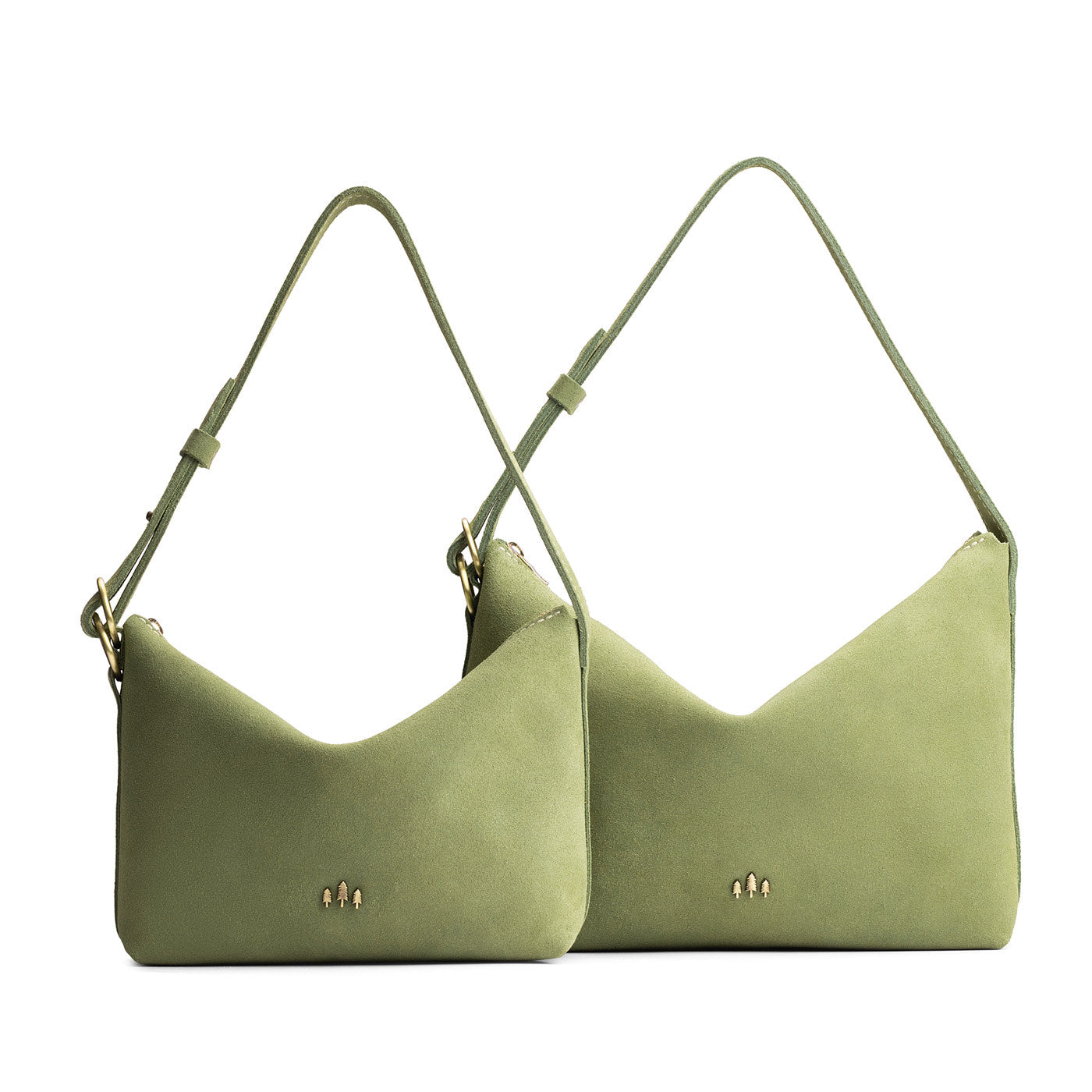 Laurel | Size comparison shot of small and large slouchy shoulder bags with zipper opening and three metal tree emblems