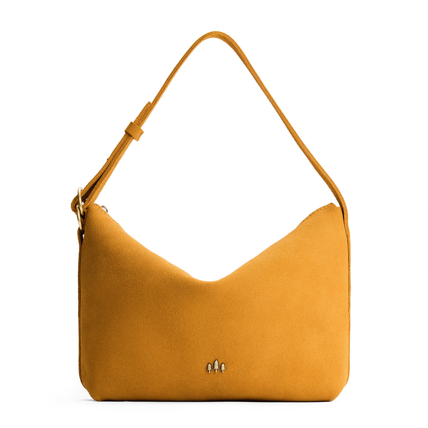 Dijon*Large | Slouchy Shoulder Bag that has a zipper opening and three metal tree emblems on a white background