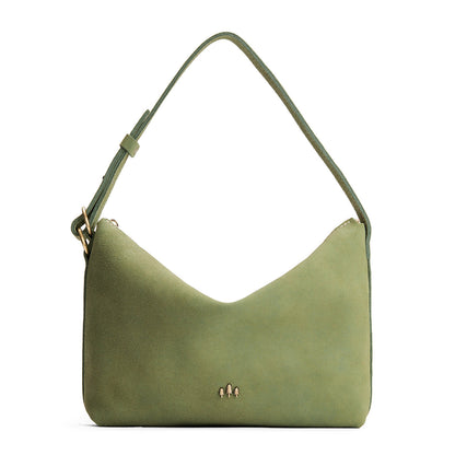 Laurel*Large | Slouchy Shoulder Bag that has a zipper opening and three metal tree emblems on a white background