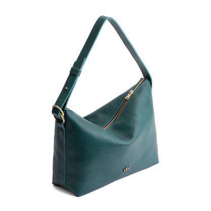 Sea Glass*Large | Medium sized slouchy leather shoulder bag with zipper opening and three metal tree emblems