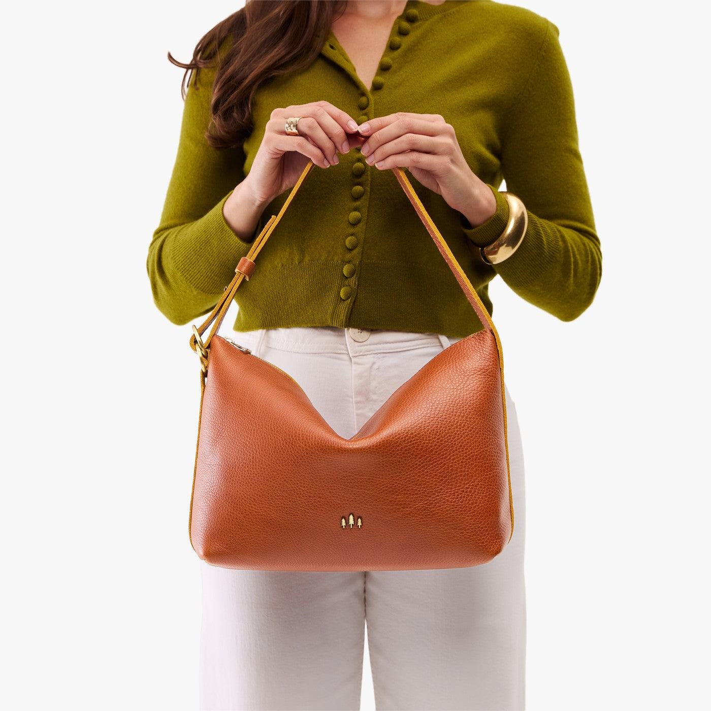 Sienna*Large | Medium sized slouchy leather shoulder bag with zipper opening and three metal tree emblems