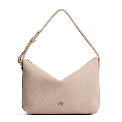 Taupe*Large | Slouchy Shoulder Bag that has a zipper opening and three metal tree emblems on a white background