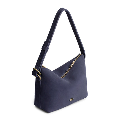 Alaska Blue*Small | Petite slouchy leather shoulder bag with zipper opening and three metal tree emblems