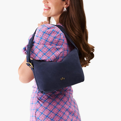 Alaska Blue*Small | Petite slouchy leather shoulder bag with zipper opening and three metal tree emblems