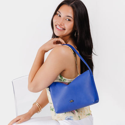 Astro Blue*Small | Petite slouchy leather shoulder bag with zipper opening and three metal tree emblems