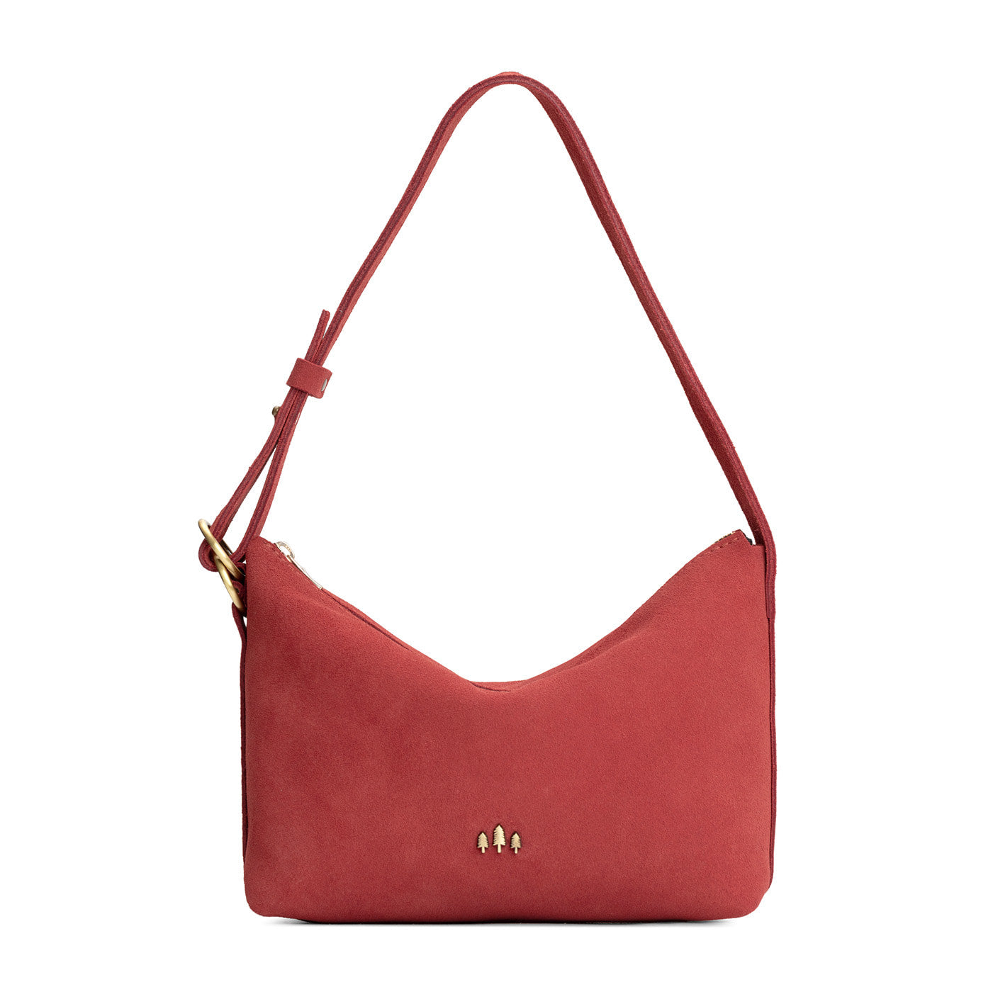 Cinnabar*Small | Slouchy Shoulder Bag that has a zipper opening and three metal tree emblems on a white background