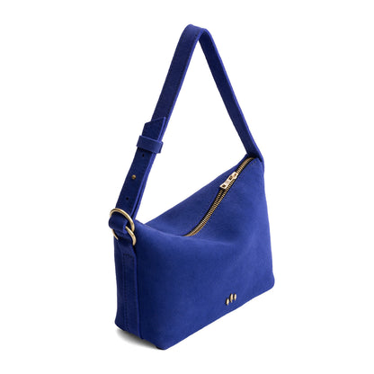 Joni Blue*Small | Petite slouchy leather shoulder bag with zipper opening and three metal tree emblems