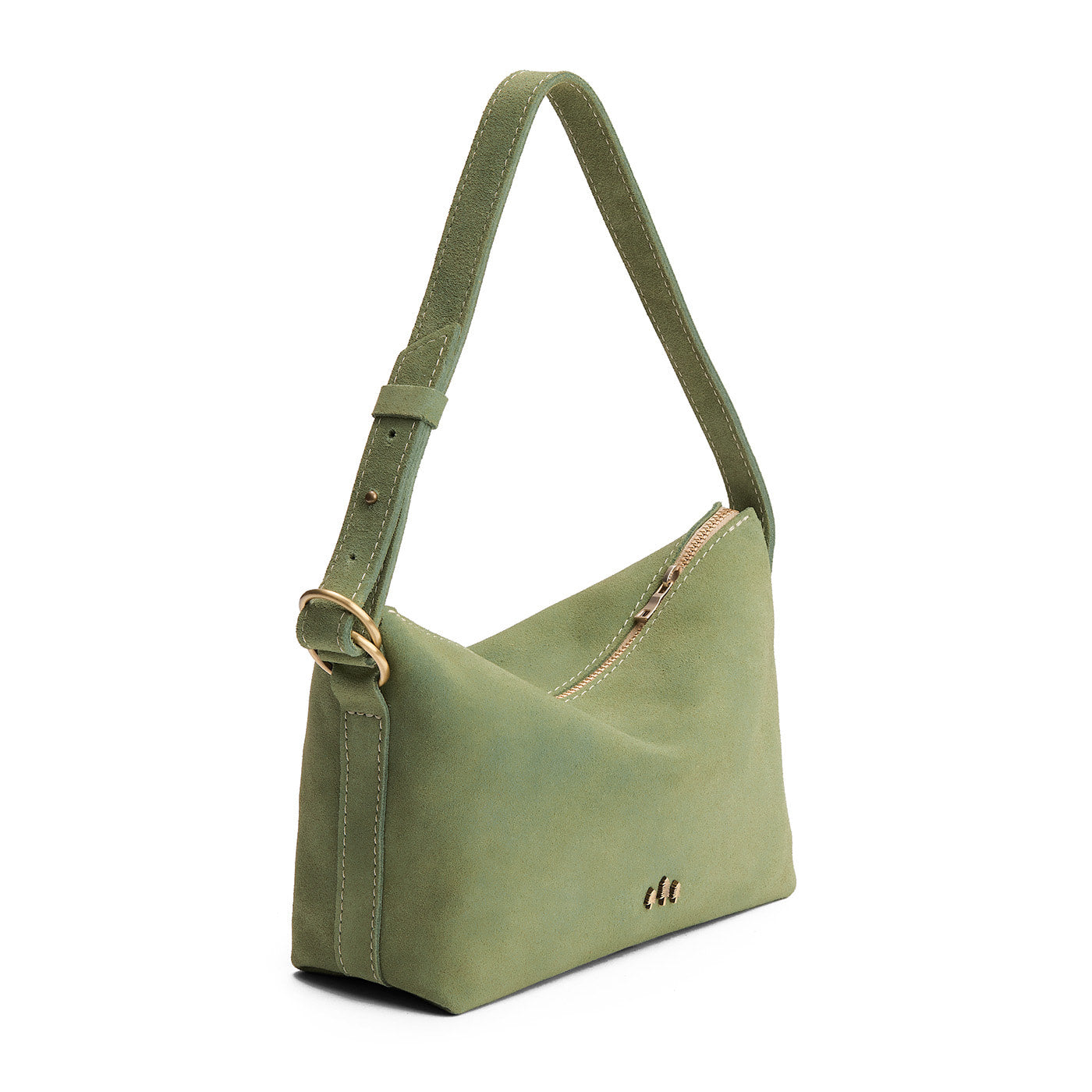 Laurel*Small | Slouchy Shoulder Bag that has a zipper opening and three metal tree emblems on a white background