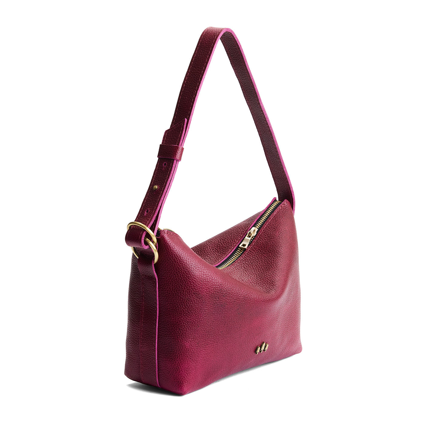 Orchid*Small | Petite slouchy leather shoulder bag with zipper opening and three metal tree emblems