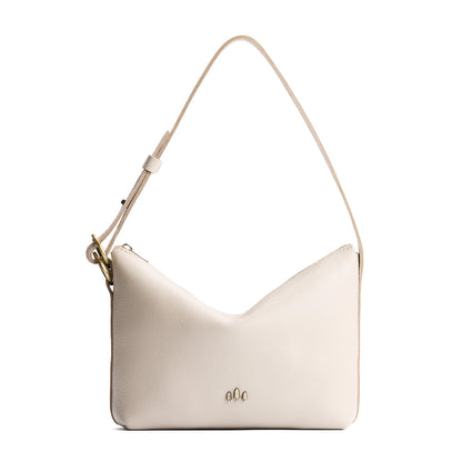 Pebbled Bone*Small | Petite slouchy leather shoulder bag with zipper opening and three metal tree emblems