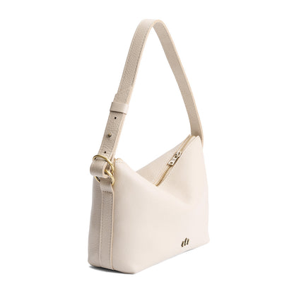 Pebbled Bone*Small | Petite slouchy leather shoulder bag with zipper opening and three metal tree emblems