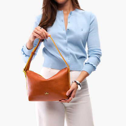 Sienna*Small | Petite slouchy leather shoulder bag with zipper opening and three metal tree emblems