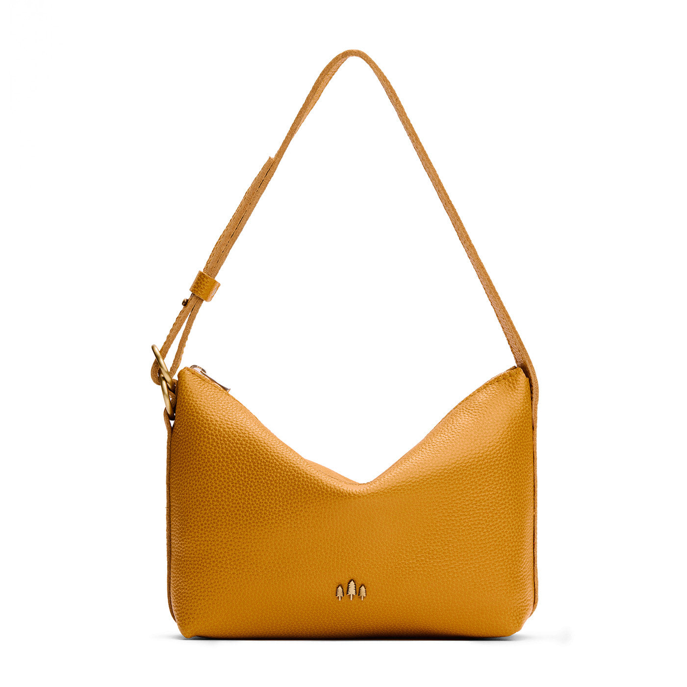 Sunshine*Small | Slouchy Shoulder Bag that has a zipper opening and three metal tree emblems on a white background