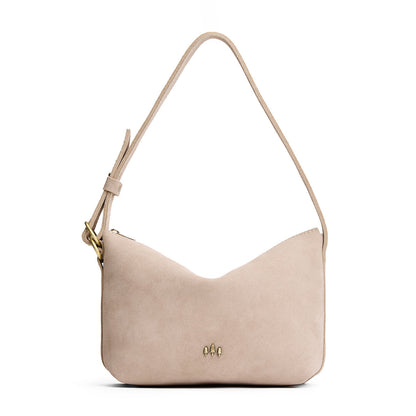 Taupe*Small | Slouchy Shoulder Bag that has a zipper opening and three metal tree emblems on a white background