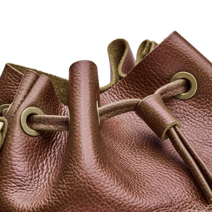 Asheville | Close-up of slouchy crossbody bag with leather drawstring closure