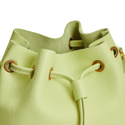 Shadow Lime | Close-up of slouchy crossbody bag with leather drawstring closure