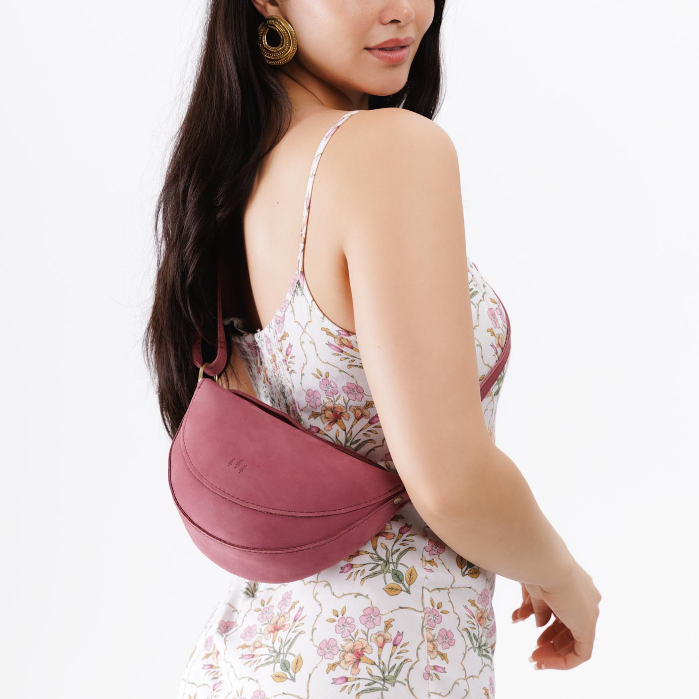 Foxglove*Small | Model wearing petite half circle shaped sling bag