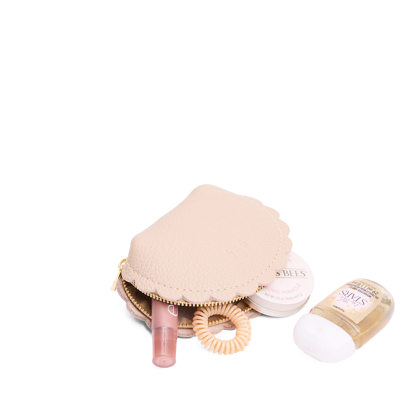 Oatmilk*Small | Curved leather pouch with zipper and scalloped edges