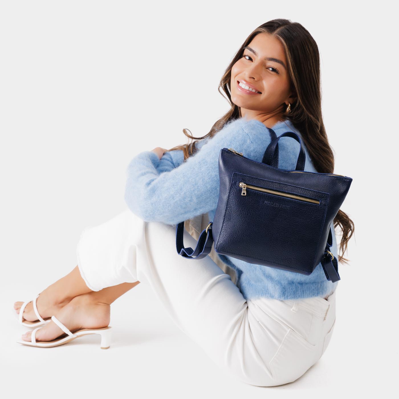 Cobalt*Small | Small square slim leather tote backpack