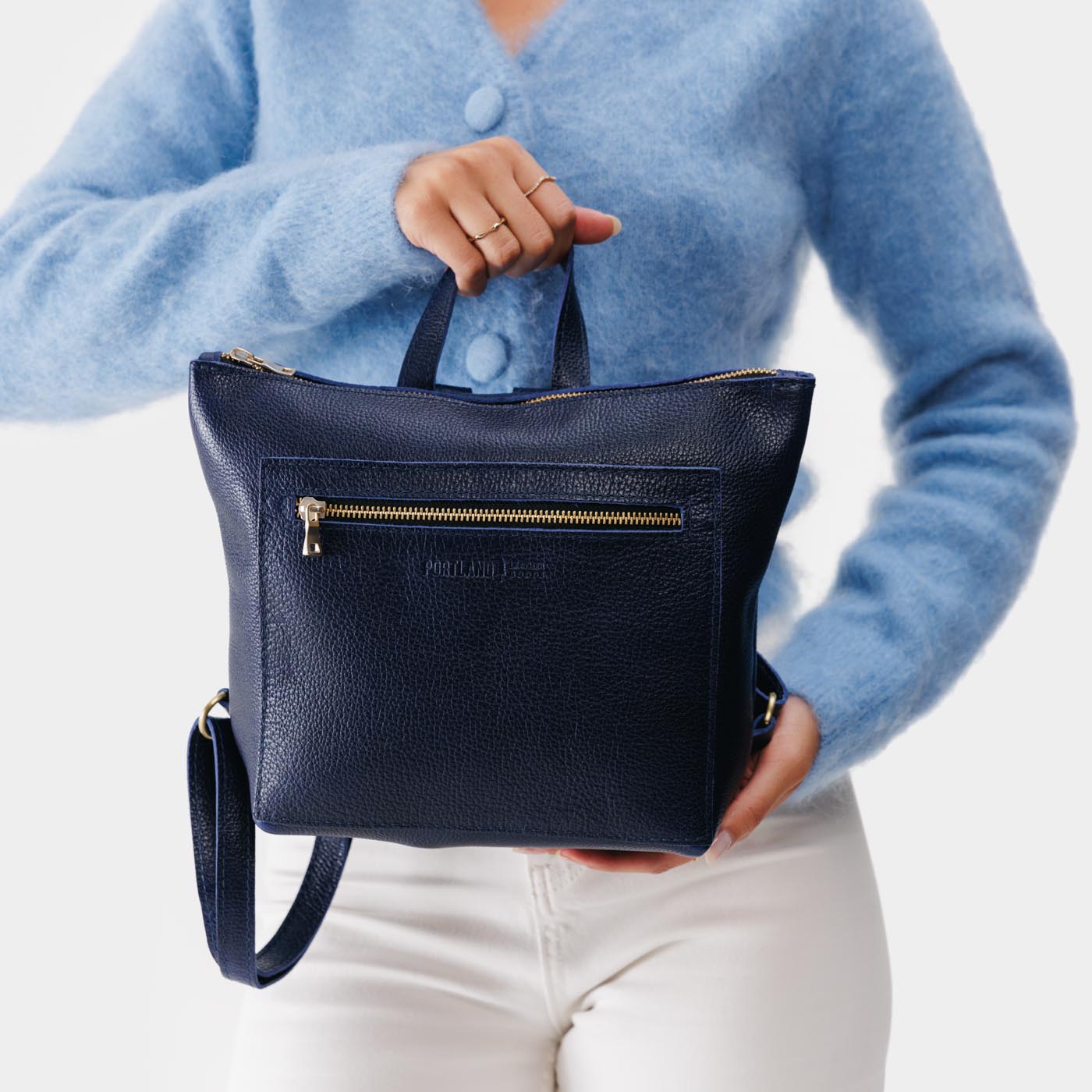 Cobalt*Small | Small square slim leather tote backpack