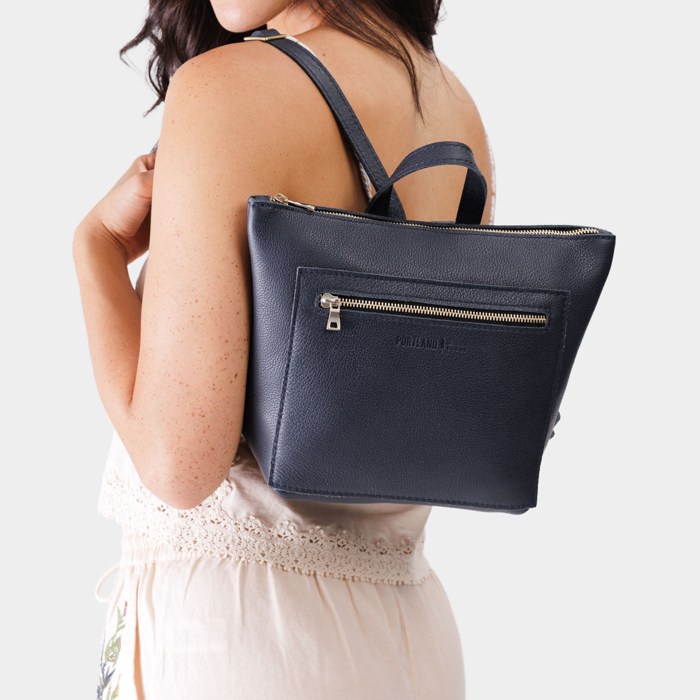 Night Owl*Small | Model wearing square slim leather tote backpack