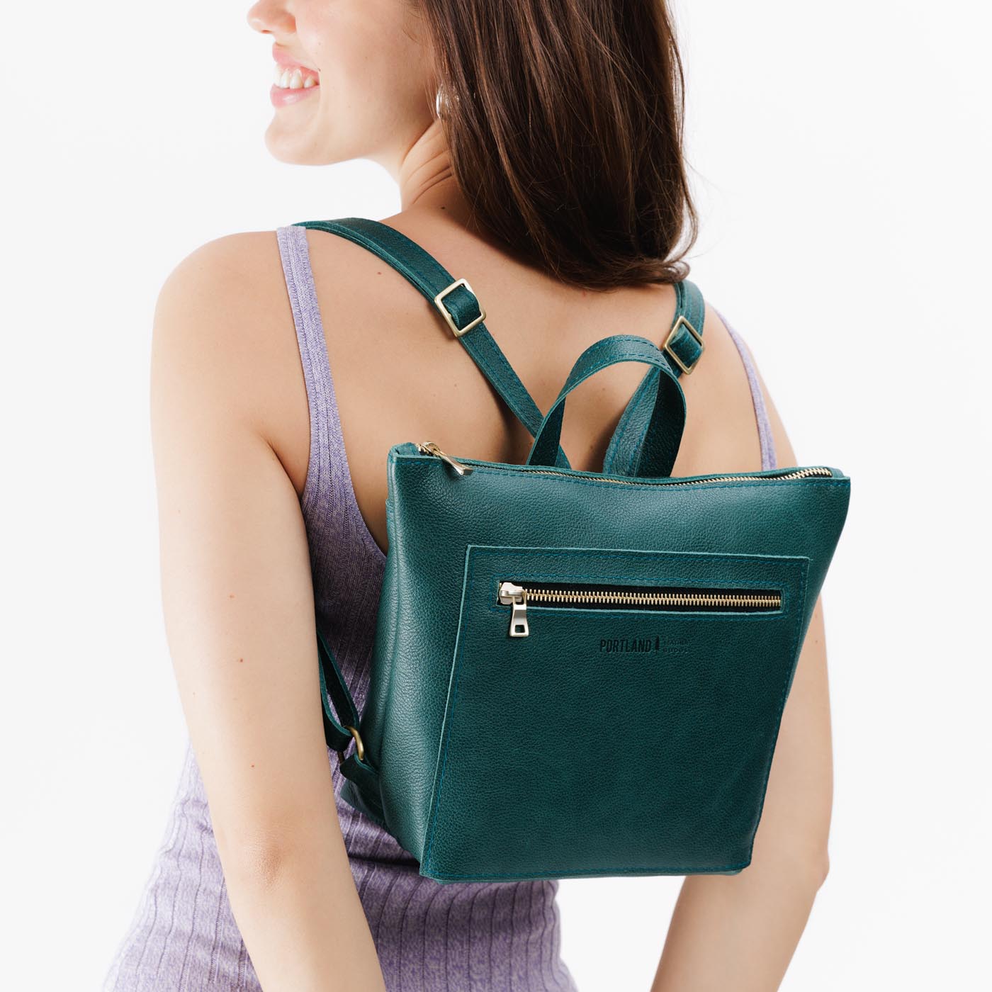 Sea Glass*Small | Model wearing square slim leather tote backpack