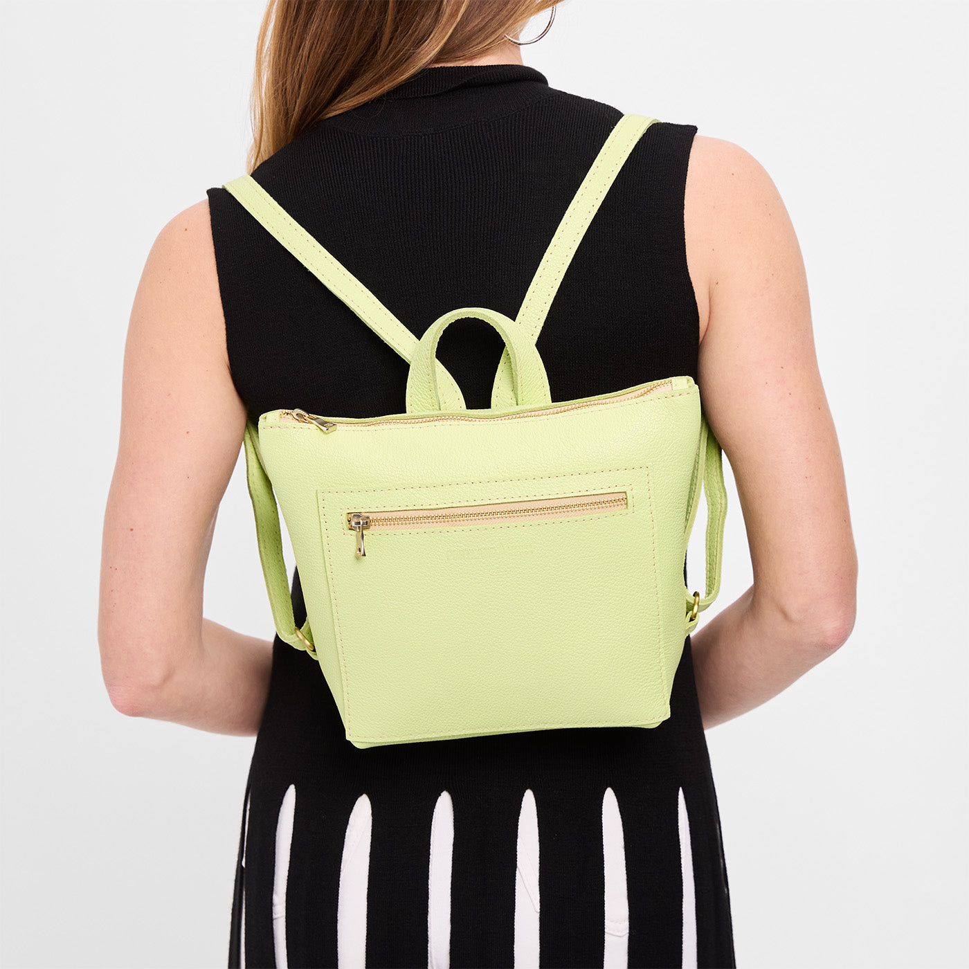 Shadow Lime*Small | Model wearing square slim leather tote backpack