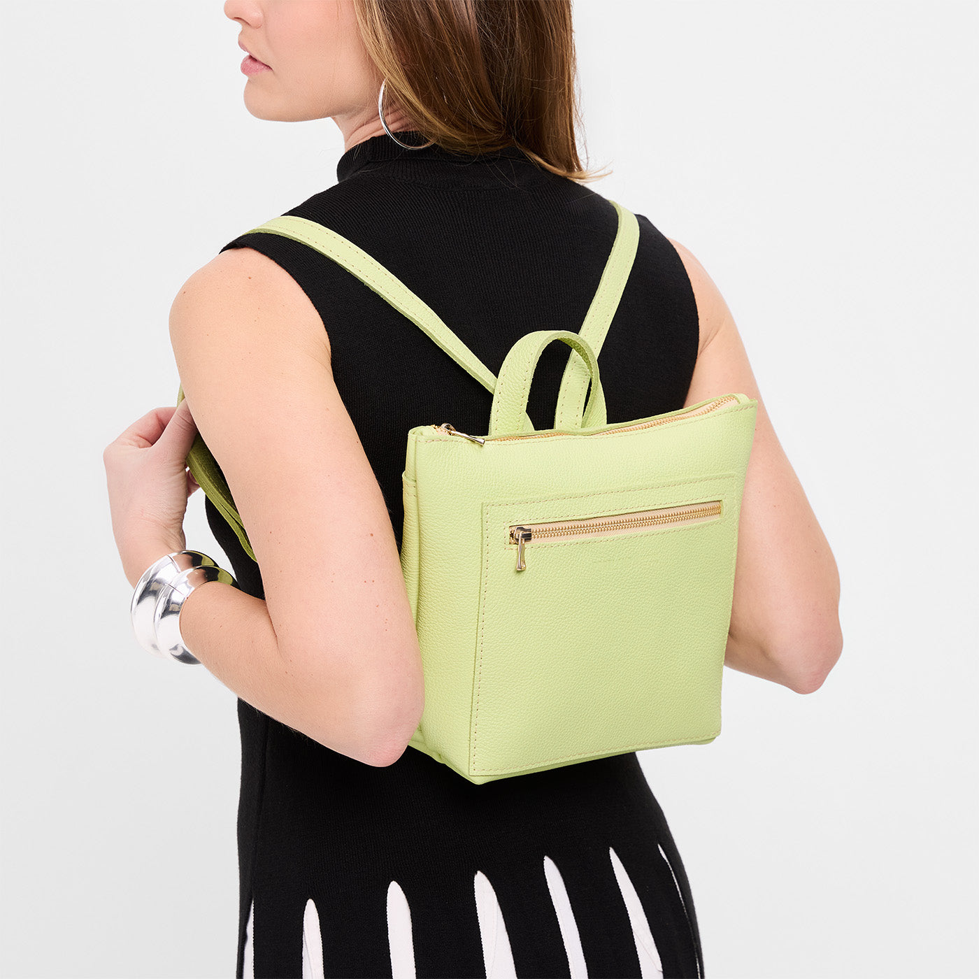 Shadow Lime*Small | Model wearing square slim leather tote backpack