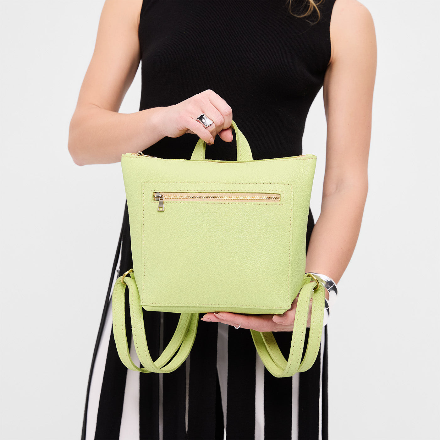 Shadow Lime*Small | Model wearing square slim leather tote backpack