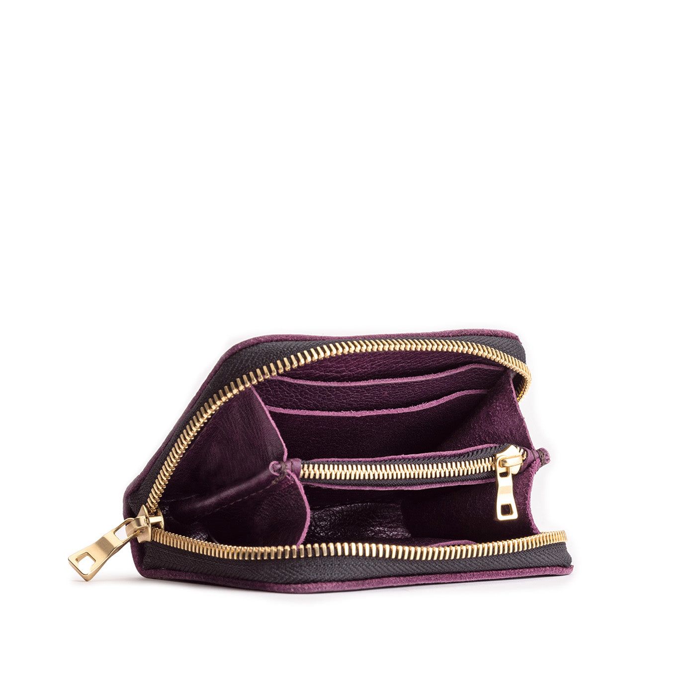 Plum | Small leather wallet with zipper open