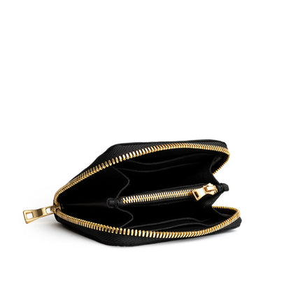 Black | Small leather wallet with zipper open