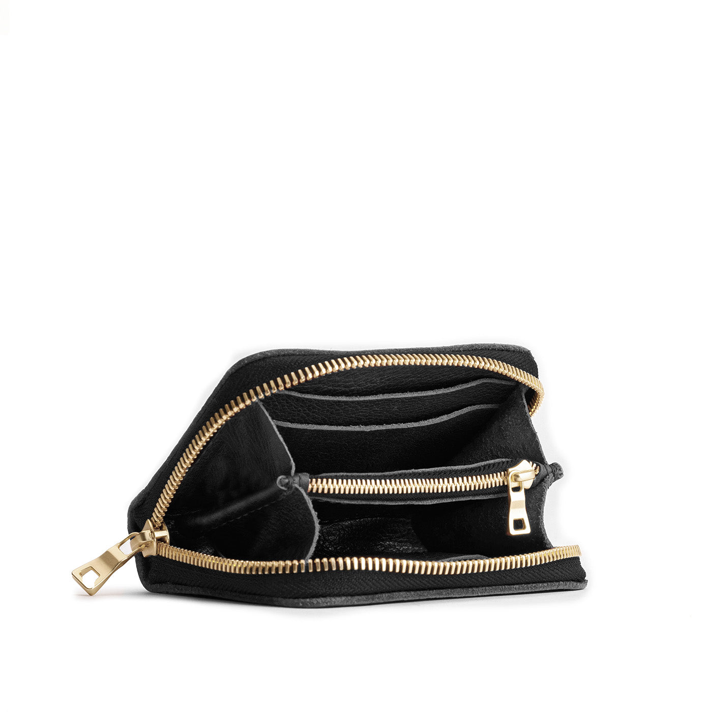 Pebbled--black | Small leather wallet with zipper open