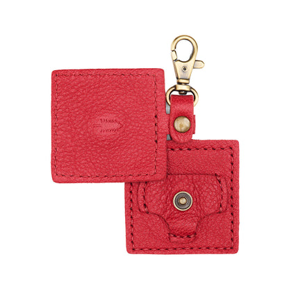 Cherry | Square-shaped leather AirTag holder with snap closure and swivel lobster claw clasp