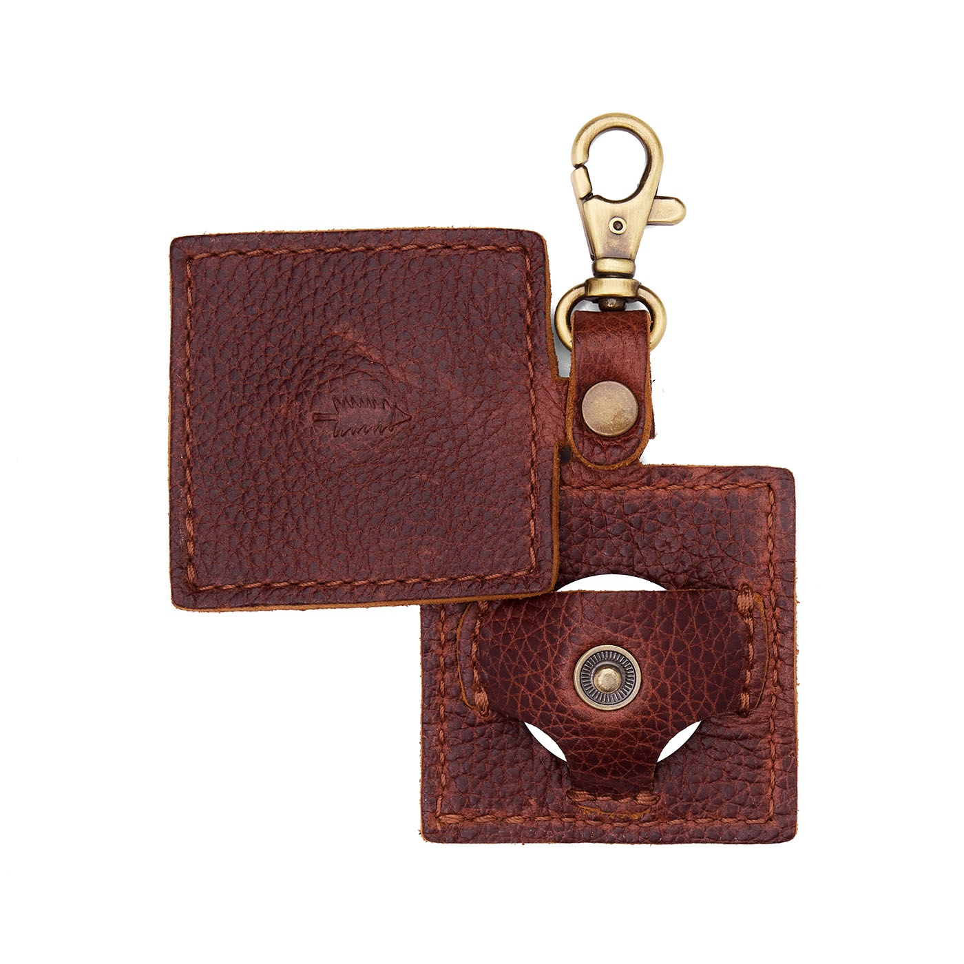 Nutmeg | Square-shaped leather AirTag holder with snap closure and swivel lobster claw clasp