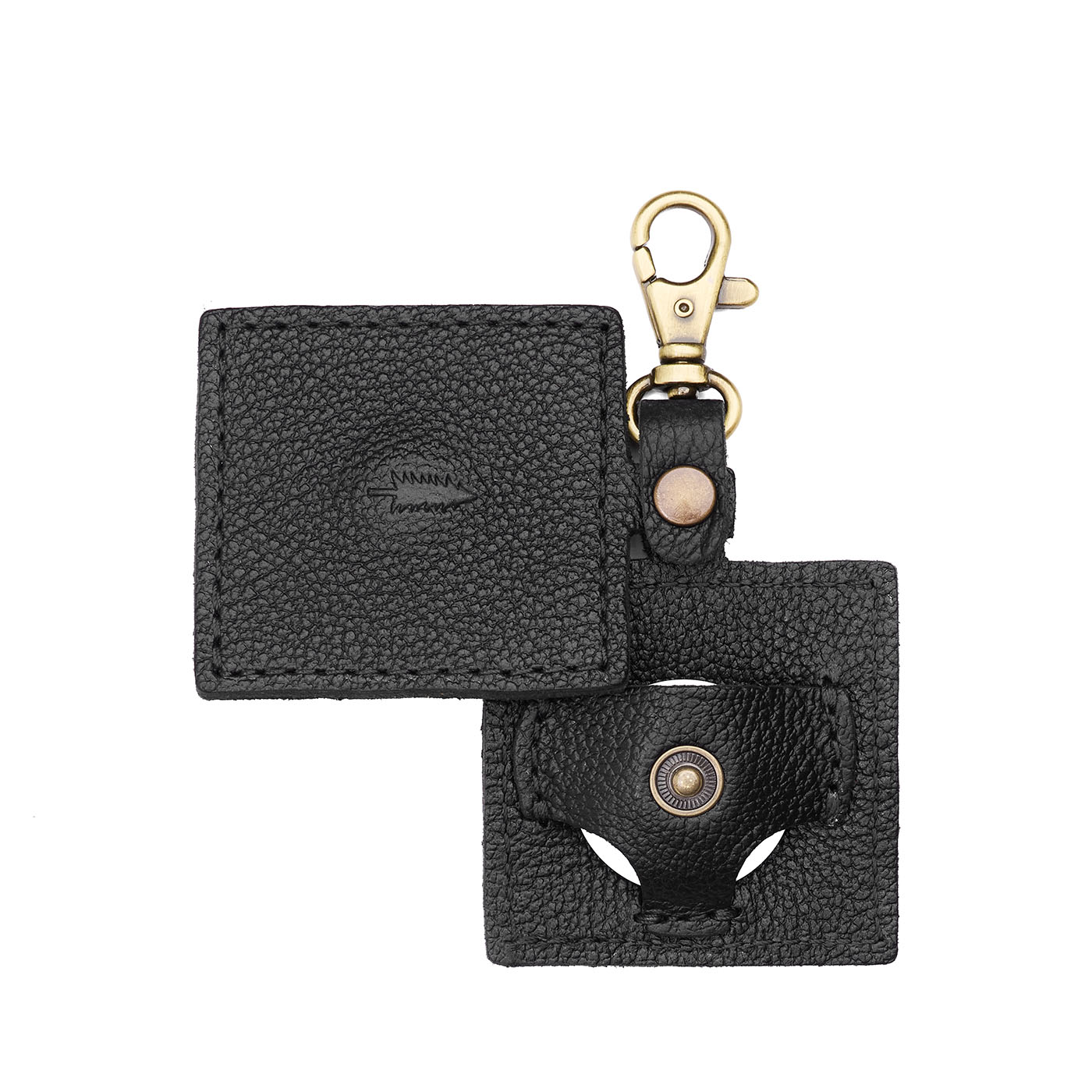 Pebbled--black | Square-shaped leather AirTag holder with snap closure and swivel lobster claw clasp