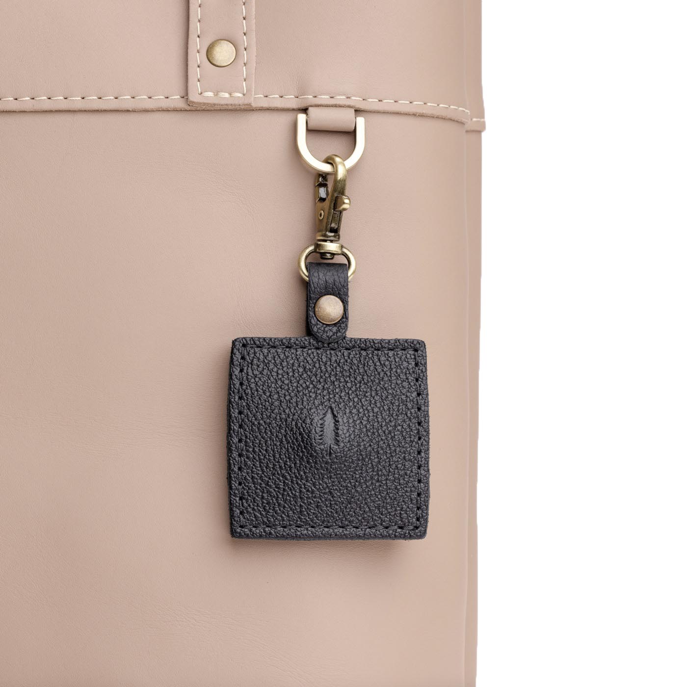 Pebbled--black | Square-shaped leather AirTag holder with snap closure and swivel lobster claw clasp