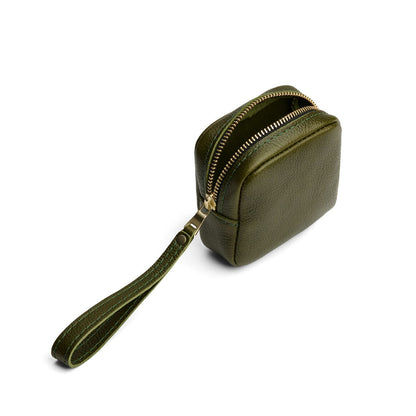 Pebbled Olive | Square shaped small zip pouch with wristlet