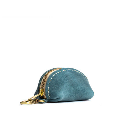 Aqua | Taco shaped leather pouch with zipper and swivel lobster clasp on white background