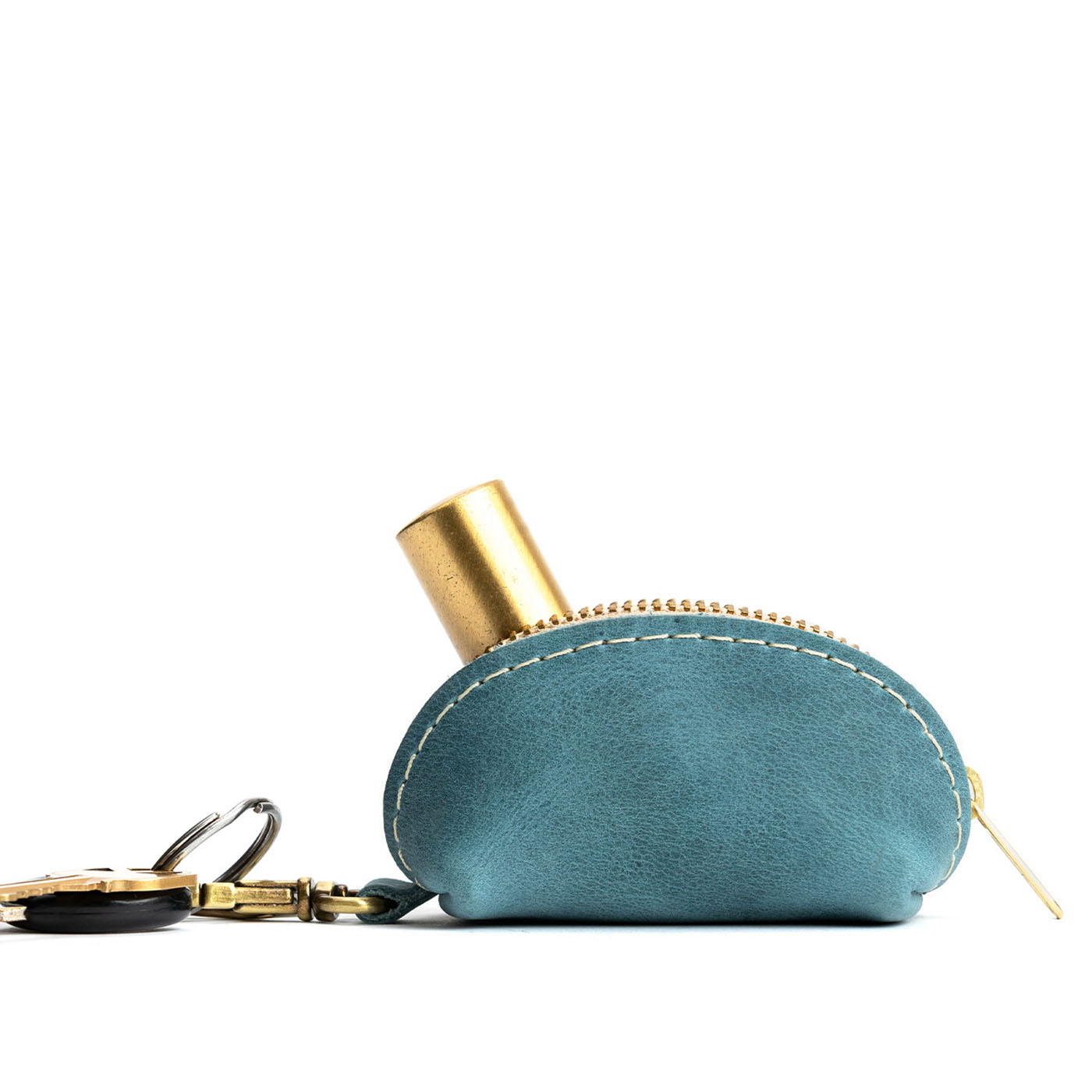 Aqua | Taco shaped leather pouch with zipper and swivel lobster clasp on white background