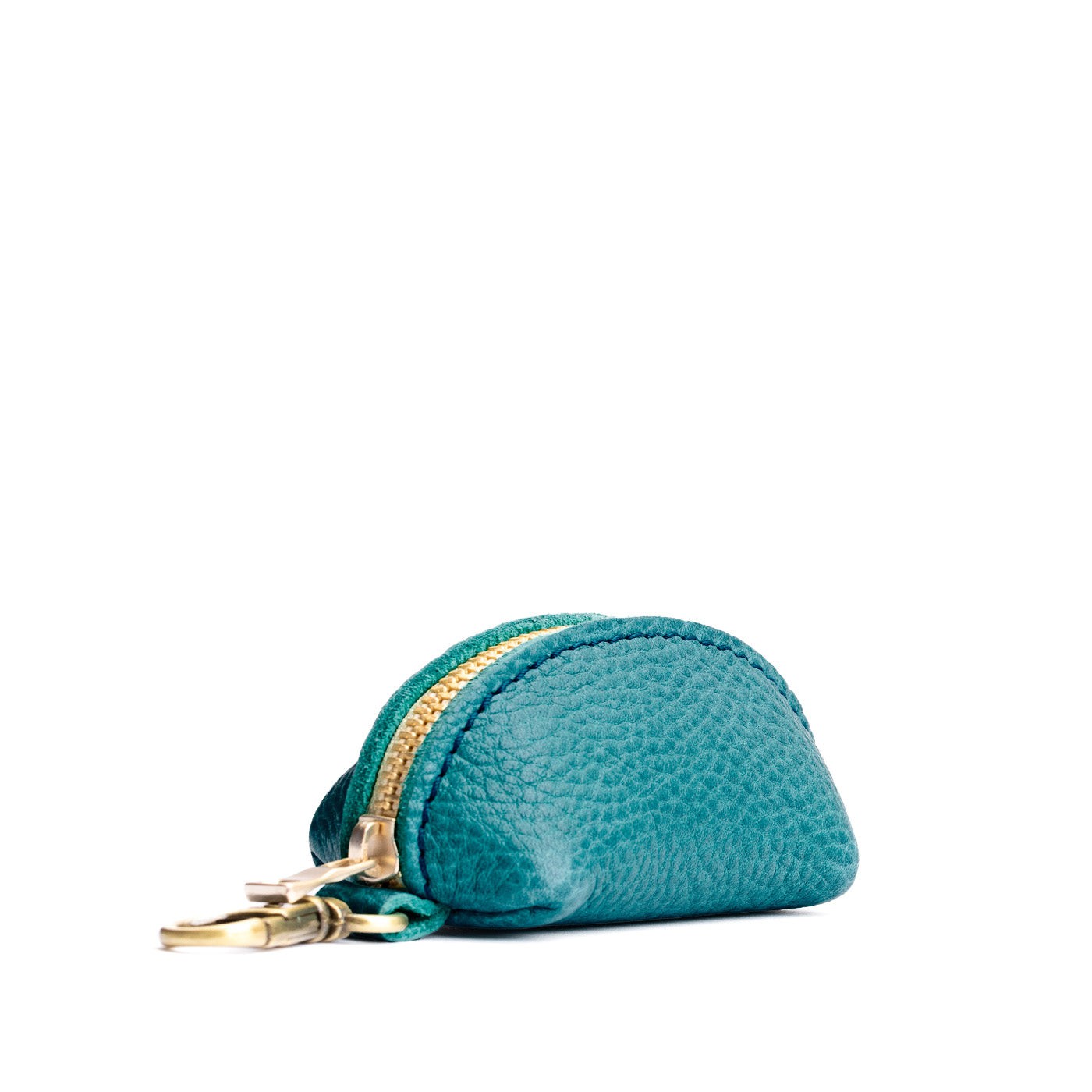 Aquarius | Taco shaped leather pouch with zipper and swivel lobster clasp on white background