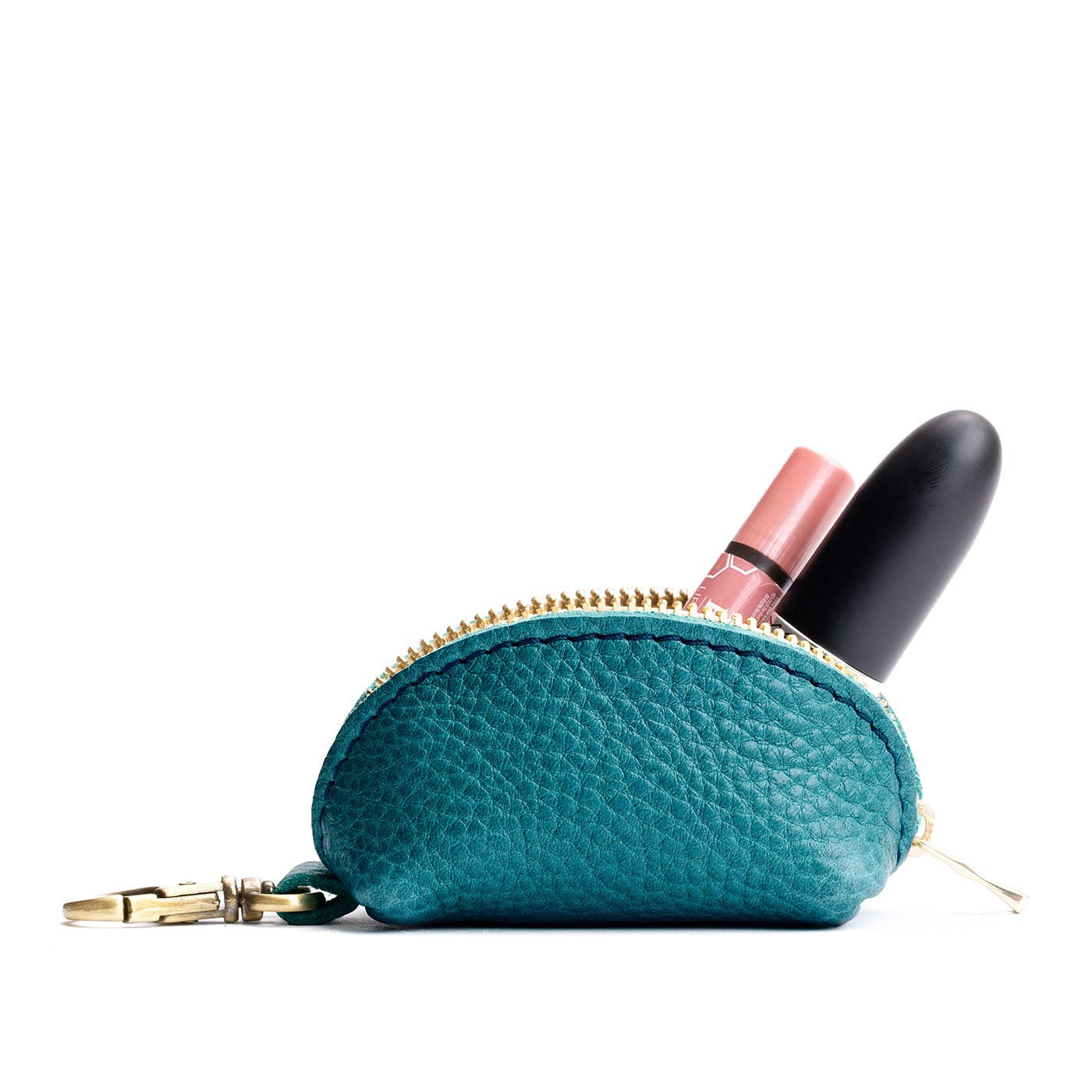 Aquarius | Taco shaped leather pouch with zipper and swivel lobster clasp on white background