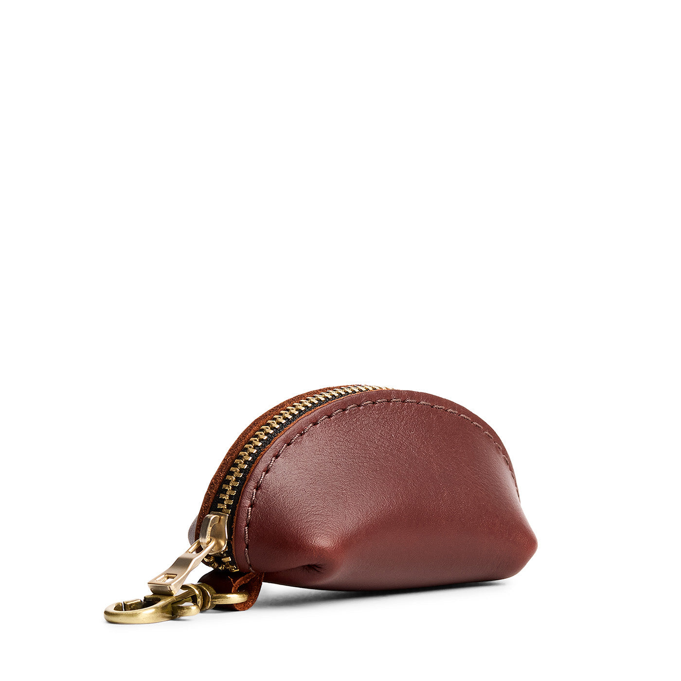 Cognac | Taco shaped leather pouch with zipper and swivel lobster clasp on white background