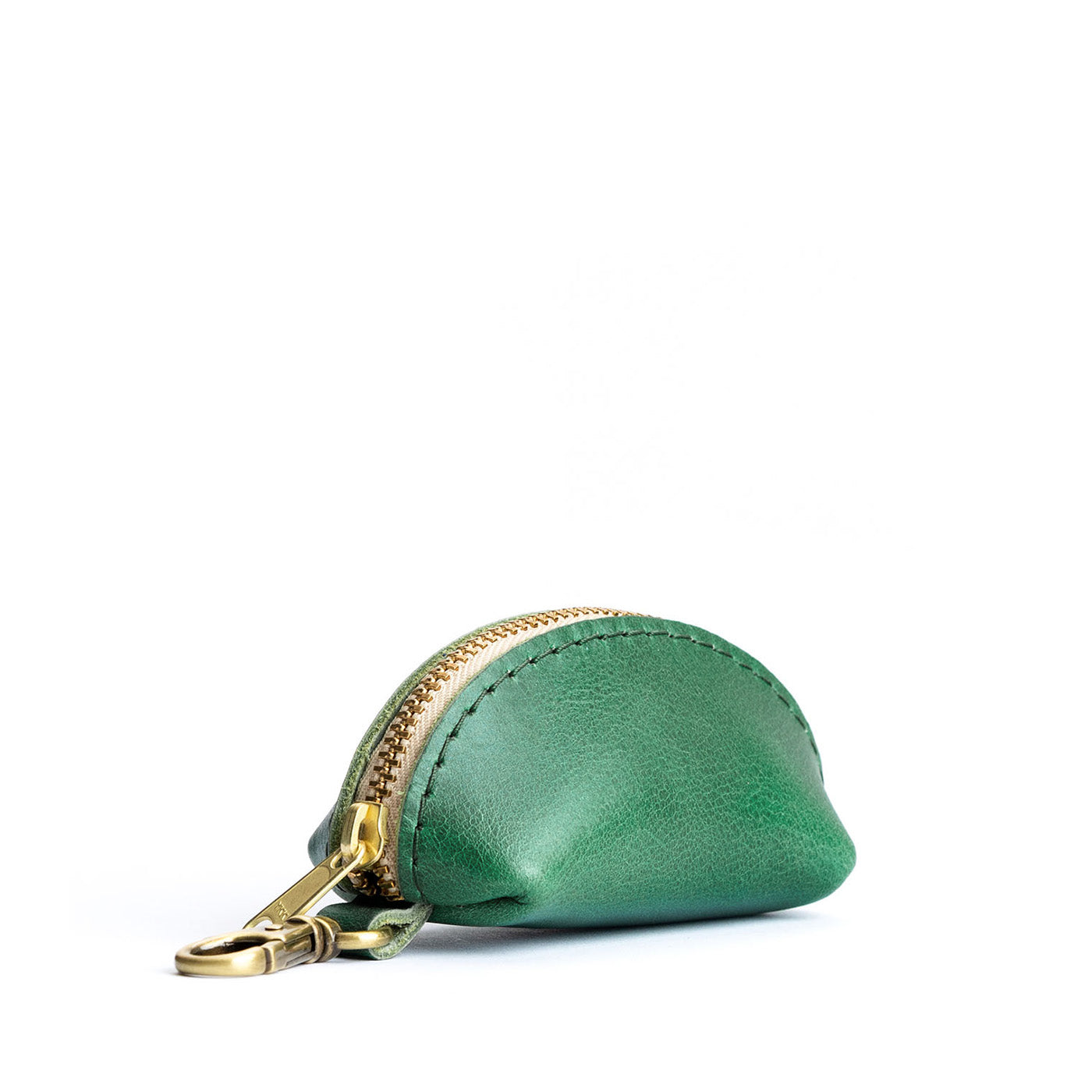 Cowboy Mint | Taco shaped leather pouch with zipper and swivel lobster clasp on white background