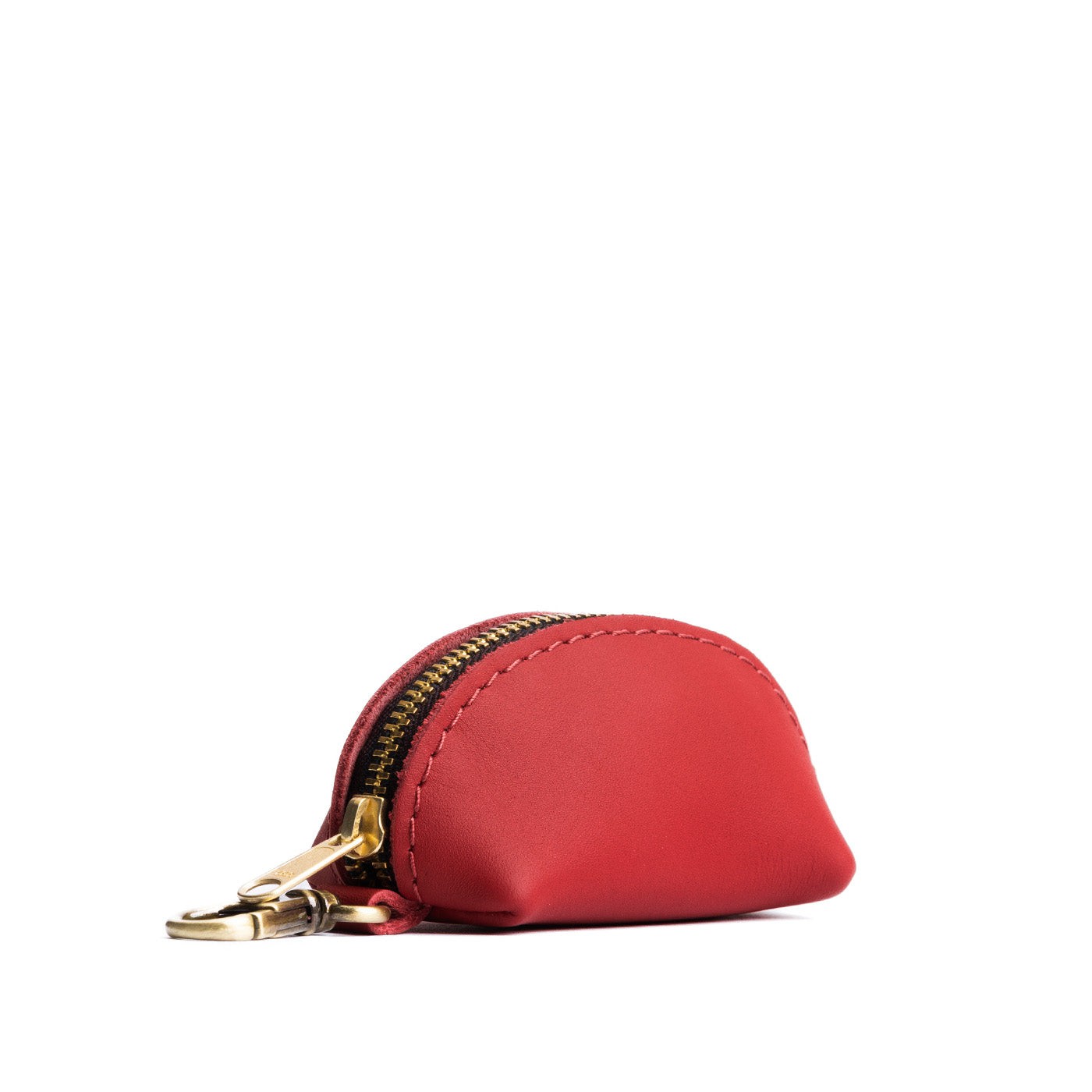 Crimson | Taco shaped leather pouch with zipper and swivel lobster clasp on white background