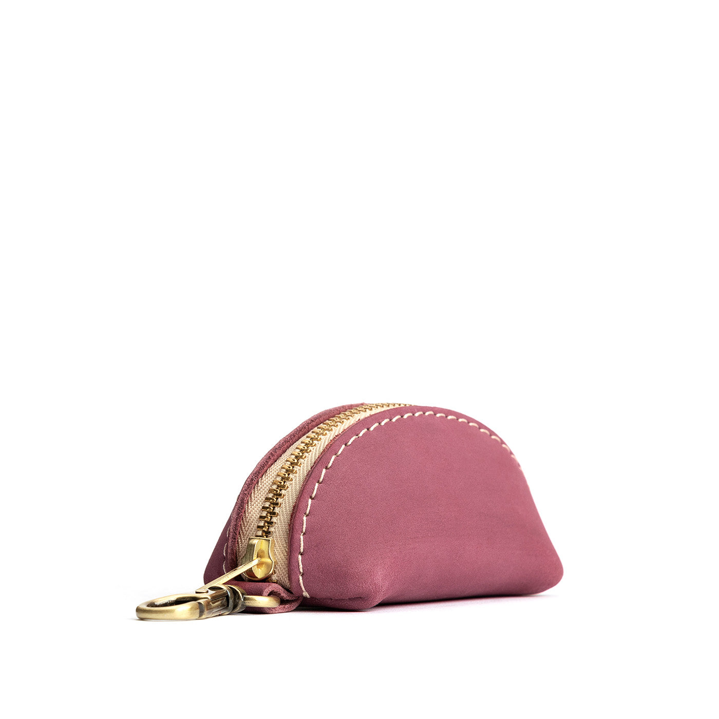 Foxglove | Taco shaped leather pouch with zipper and swivel lobster clasp on white background
