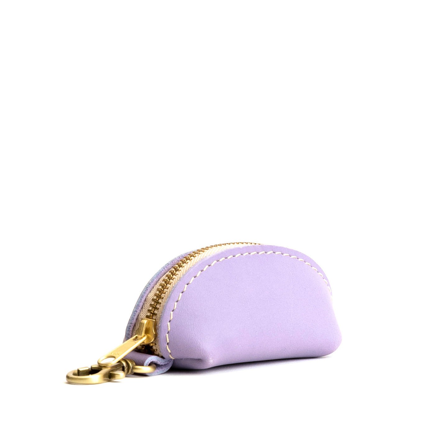 Lavender | Taco shaped leather pouch with zipper and swivel lobster clasp on white background